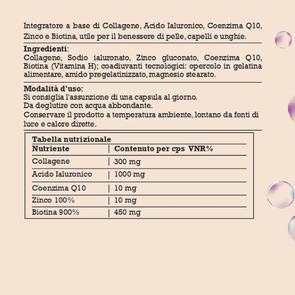 Collagene, Acido Ialuronico, Coenzima Q10, Zinco e Biotina